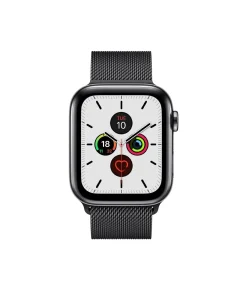 Black stainless steel smartwatch with Milanese loop mesh band and white dial