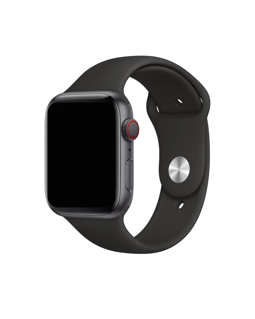 Black sport band smartwatch with red digital crown and silver button