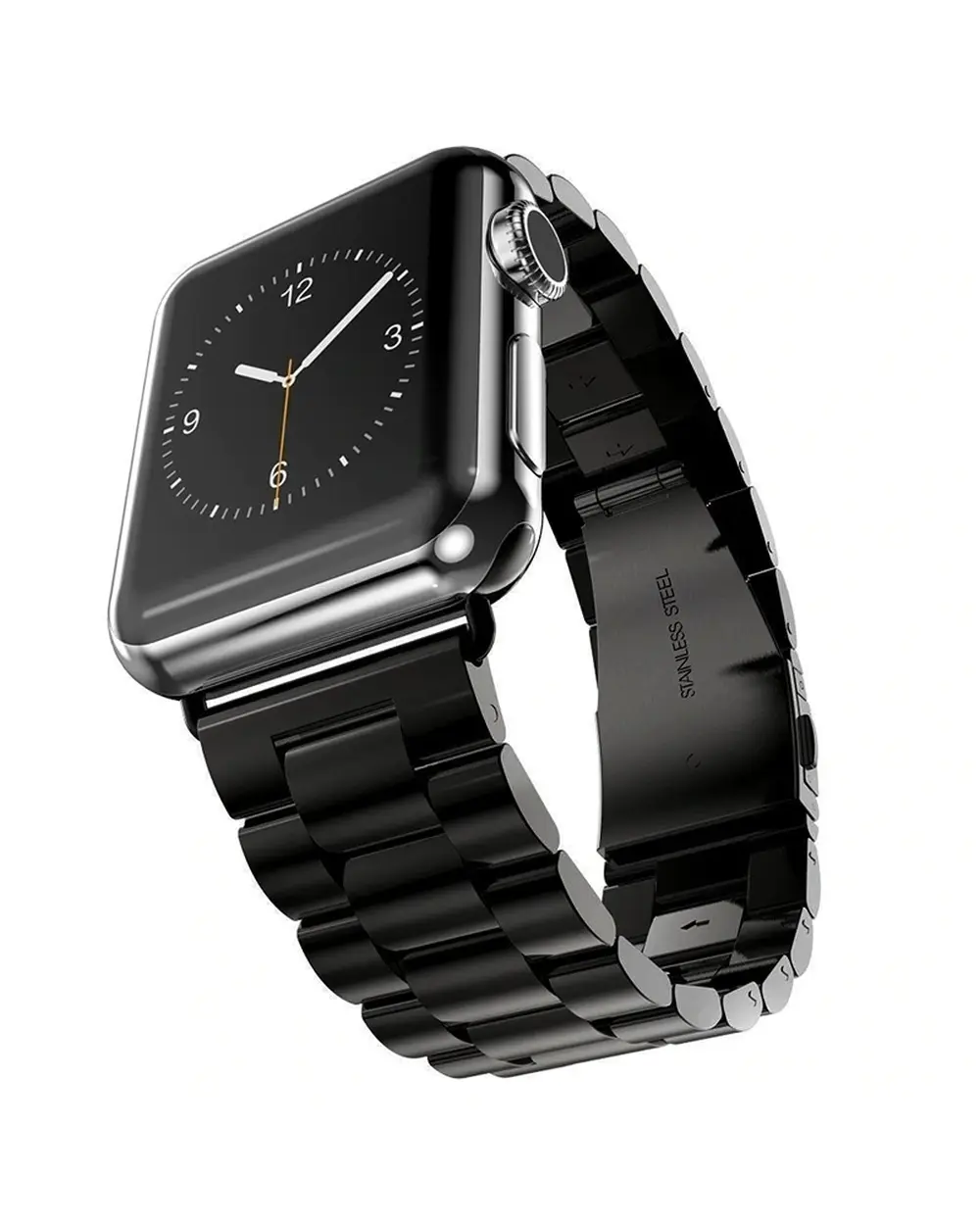 Stainless steel smartwatch with black metal band and analog display