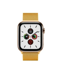 Gold Milanese Loop smartwatch with white dial and activity rings display