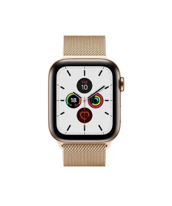 Gold Milanese Loop smartwatch with white dial and activity rings display
