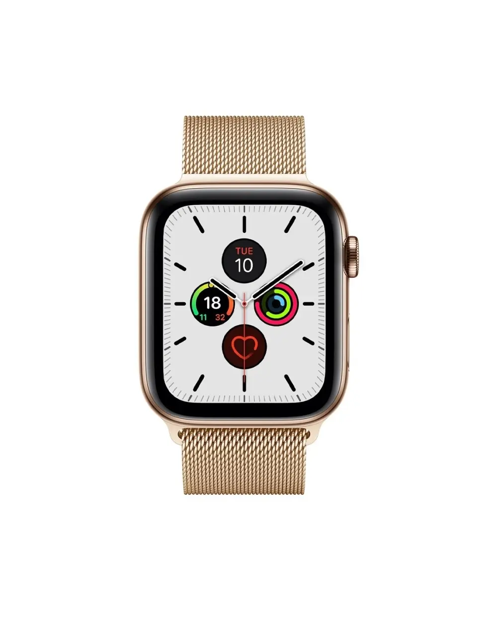 Gold Milanese Loop smartwatch with white dial and activity rings display