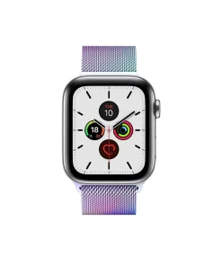 Apple Watch with rainbow gradient Milanese loop band and white dial face