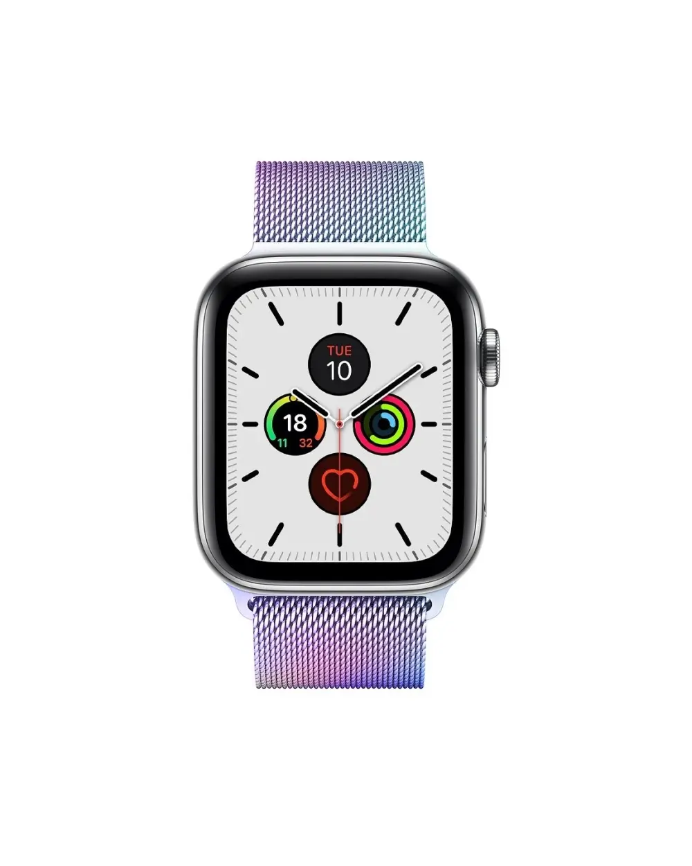 Apple Watch with rainbow gradient Milanese loop band and white dial face