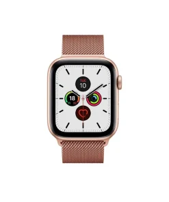 Rose gold smartwatch with mesh band and white dial display