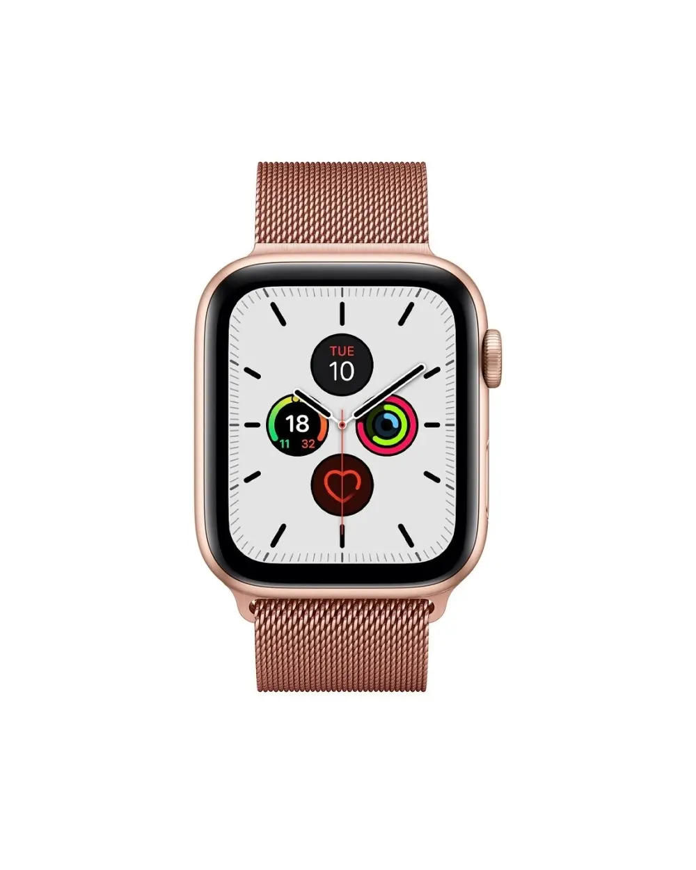 Rose gold smartwatch with mesh band and white dial display