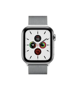 Silver stainless steel smartwatch with Milanese mesh band and fitness complications display
