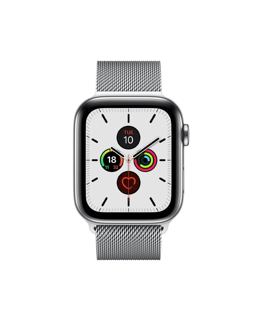 Silver stainless steel smartwatch with Milanese mesh band and fitness complications display
