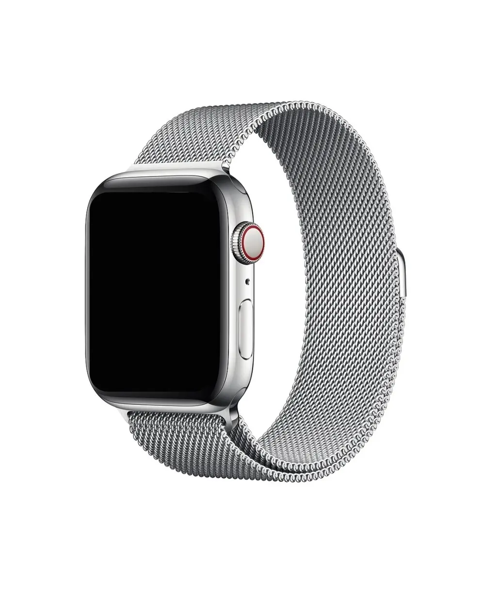 Silver stainless steel Milanese loop band smartwatch with red digital crown