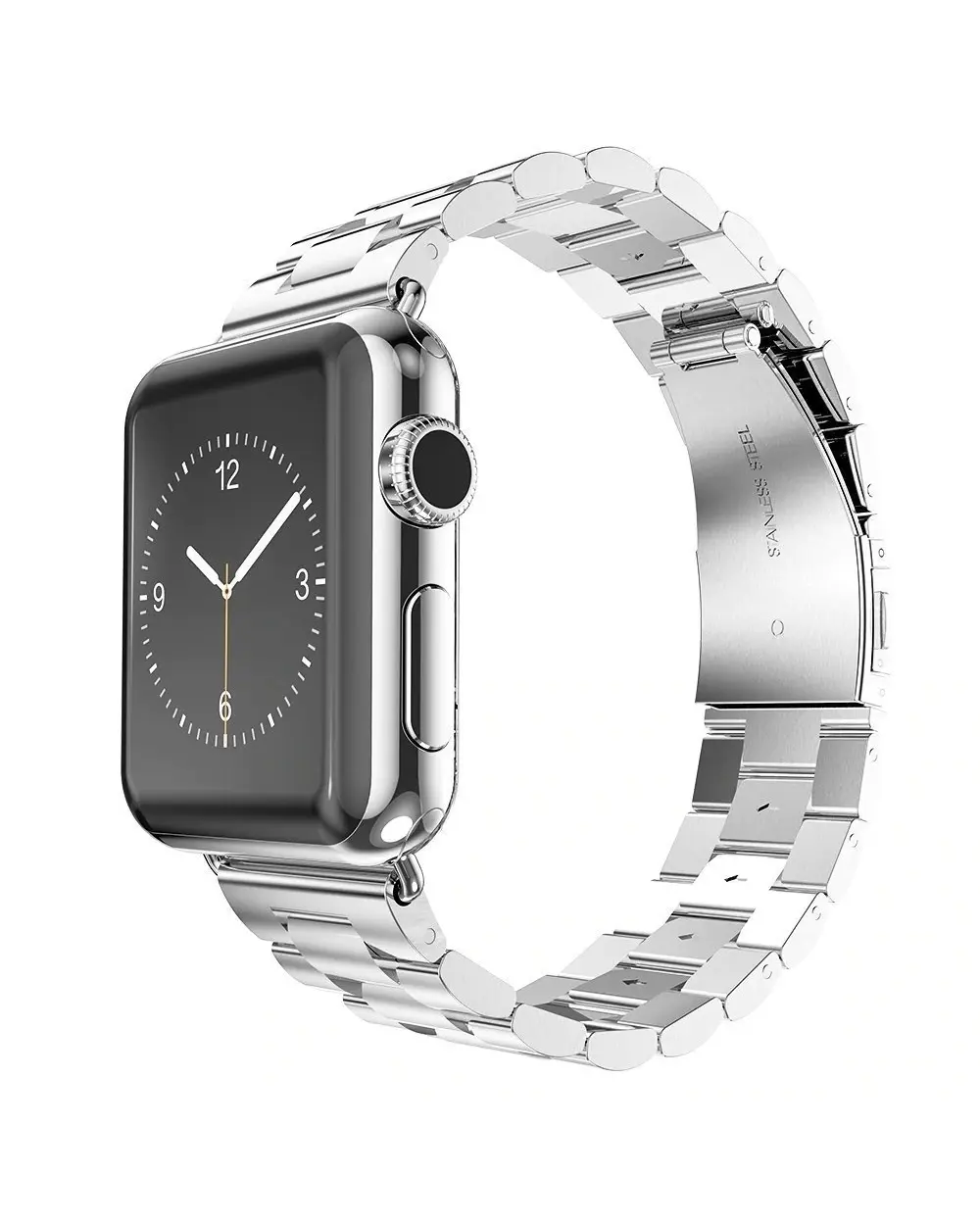 Silver stainless steel smartwatch with link band and black face display