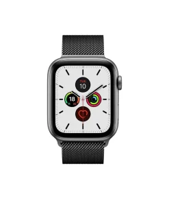 Space grey smartwatch with black milanese loop band and fitness tracking display