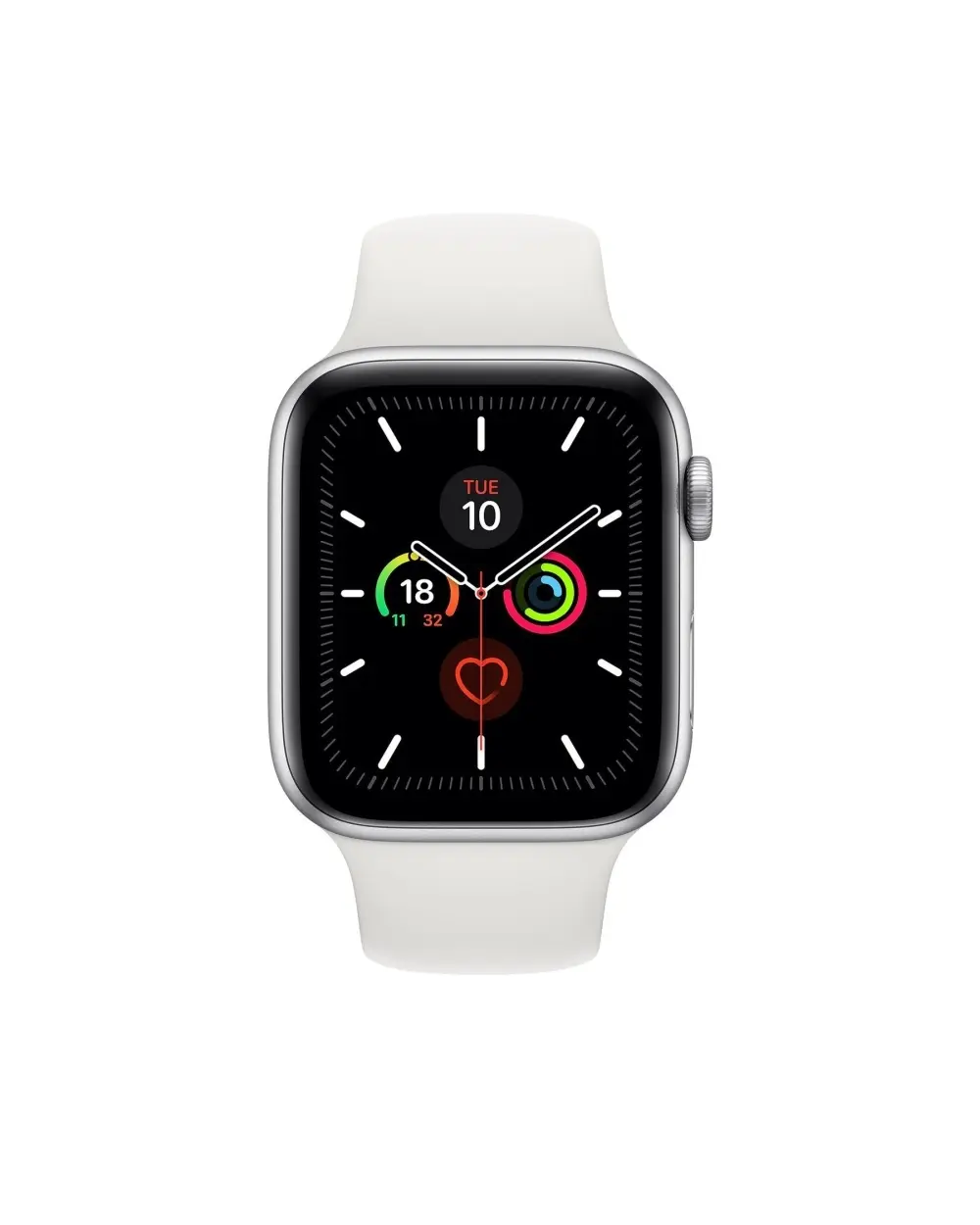 Apple Watch with white sport band and activity rings display