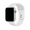 Silver smartwatch with white sport band and red digital crown