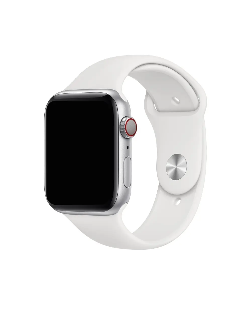 Silver smartwatch with white sport band and red digital crown