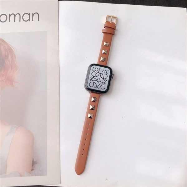 Rockstar Slim Leather Band with Gold Studs for Apple Watch in Saddle Brown