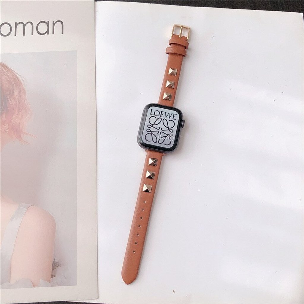 Rockstar Slim Leather Band with Gold Studs for Apple Watch in Saddle Brown