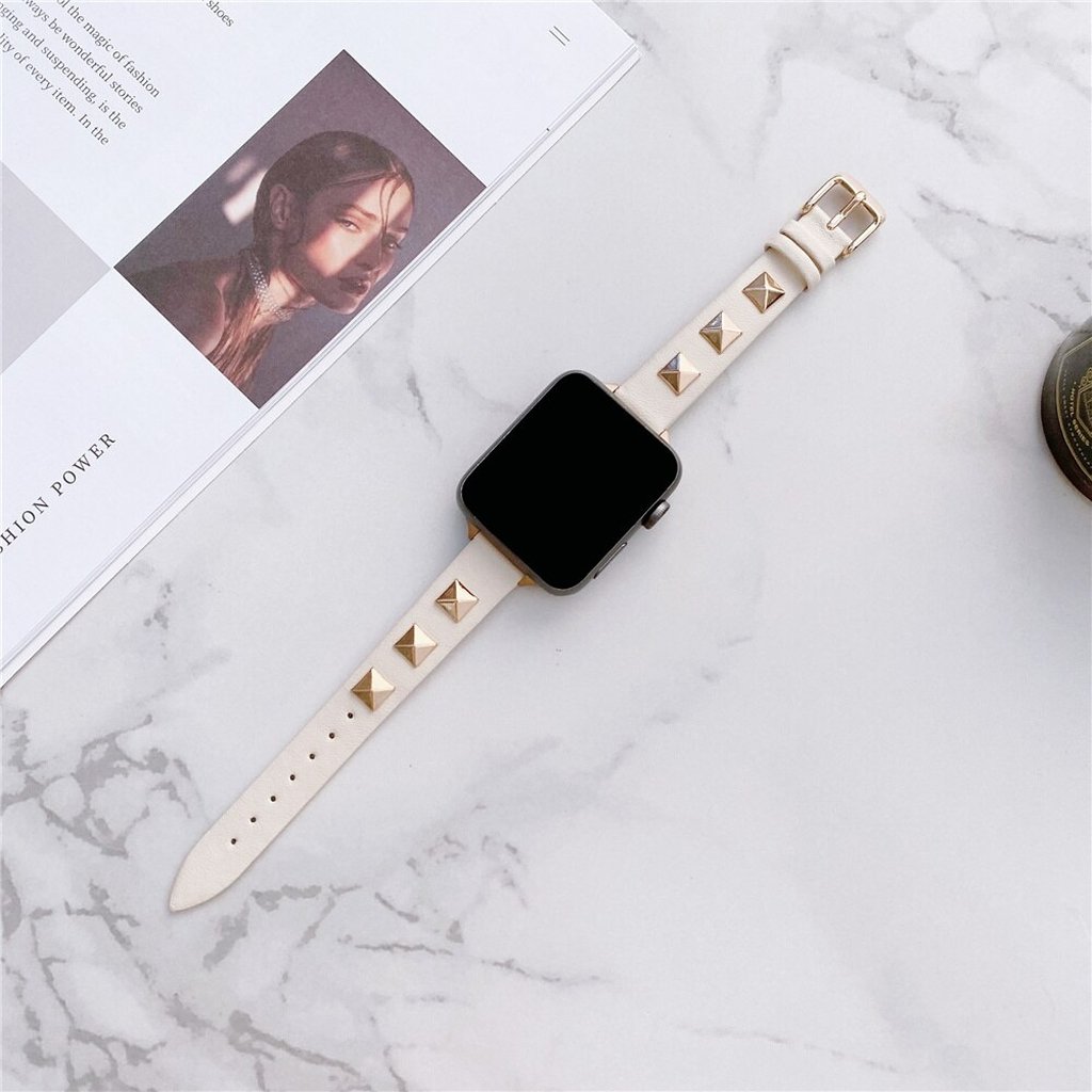 Rockstar Slim Leather Band with Rose Gold Studs for Apple Watch in Cream