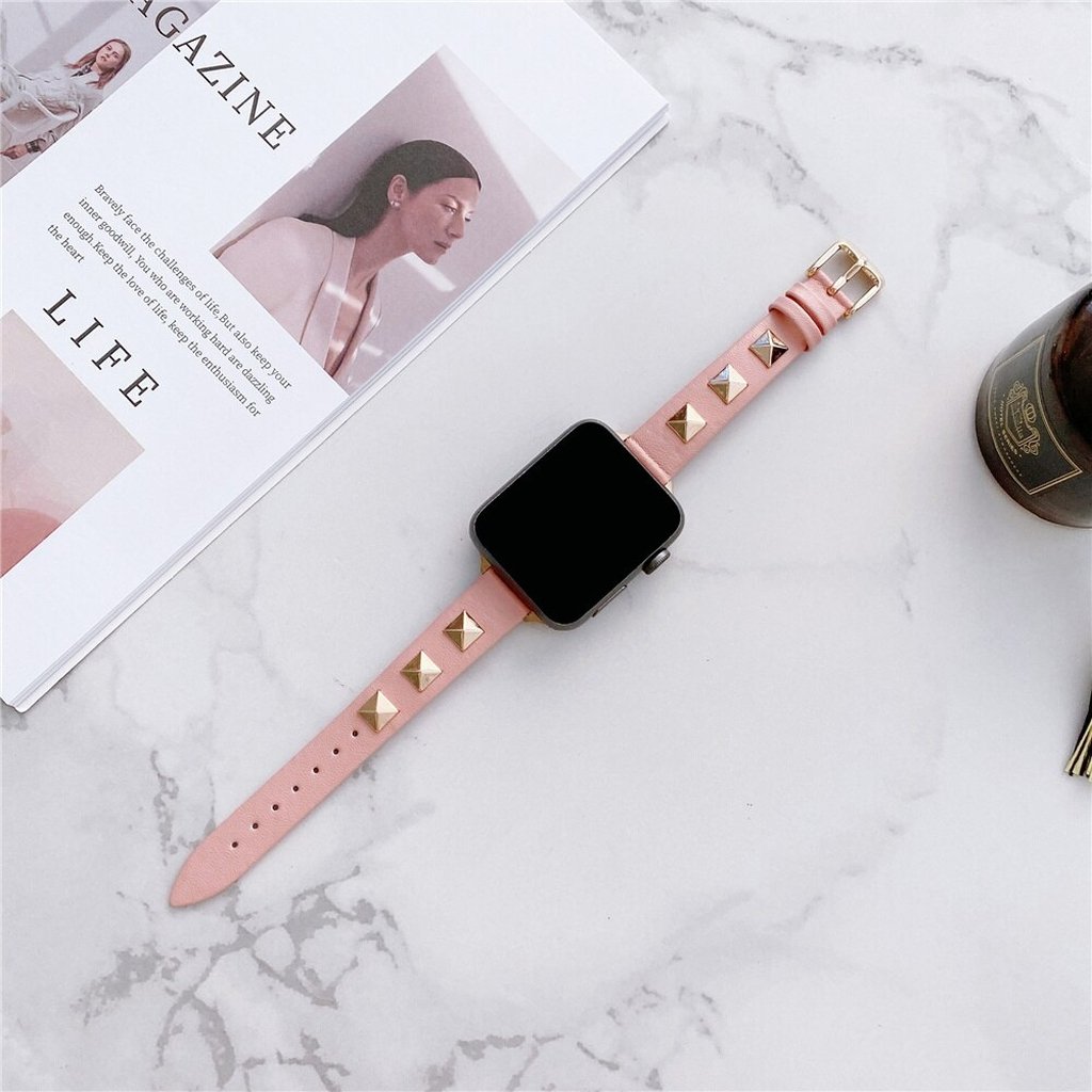 Rockstar Slim Leather Band with Rose Gold Studs for Apple Watch in Pink